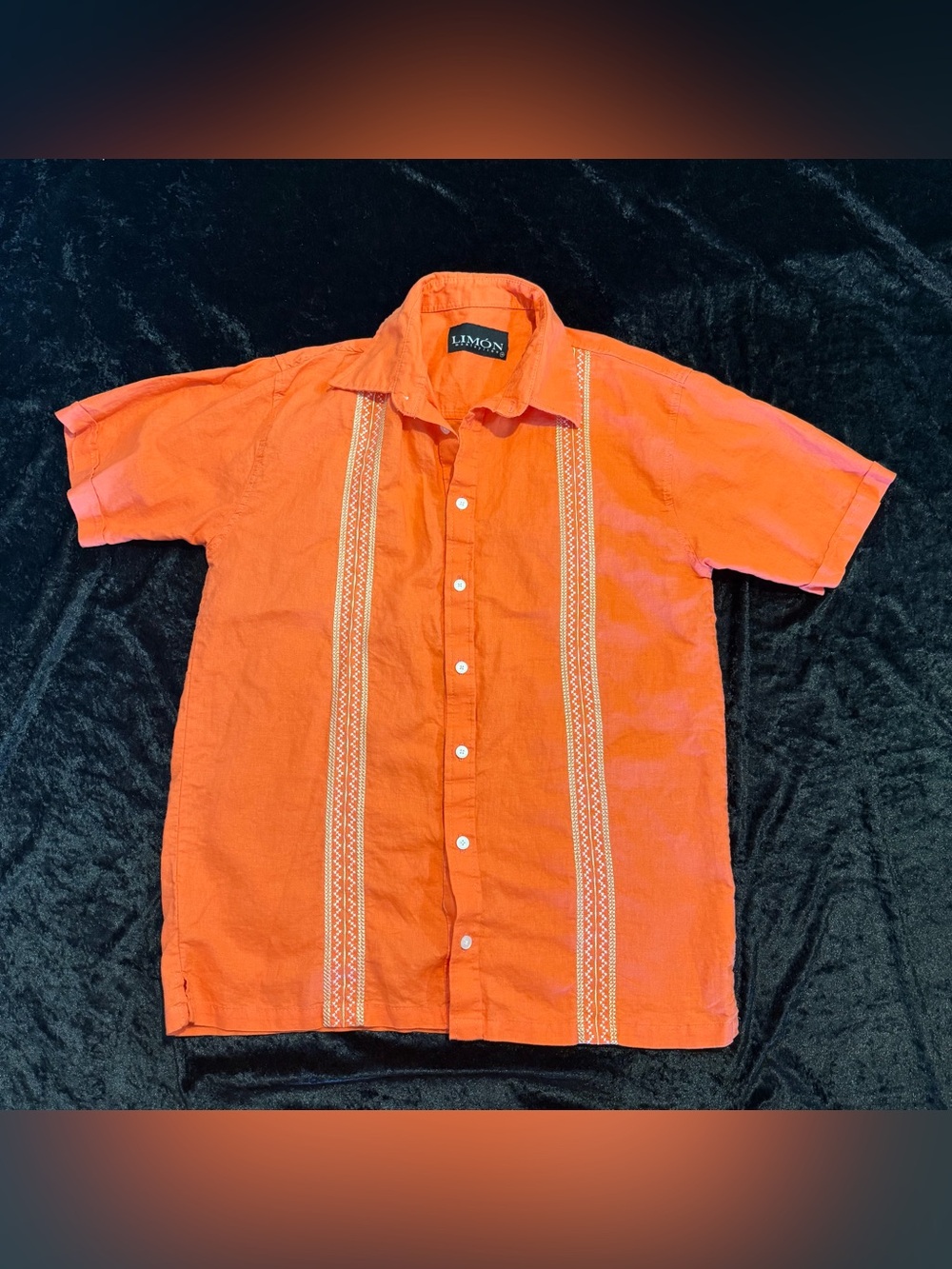 Limon Orange Short-Sleeve Embroidered Guayabera Shirt linen-cotton, medium